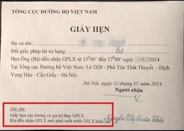 Giấy hẹn báo thời gian lấy bằng lái xe