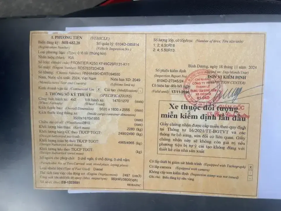 Đăng kiểm của xe tải Kia K250 cũ